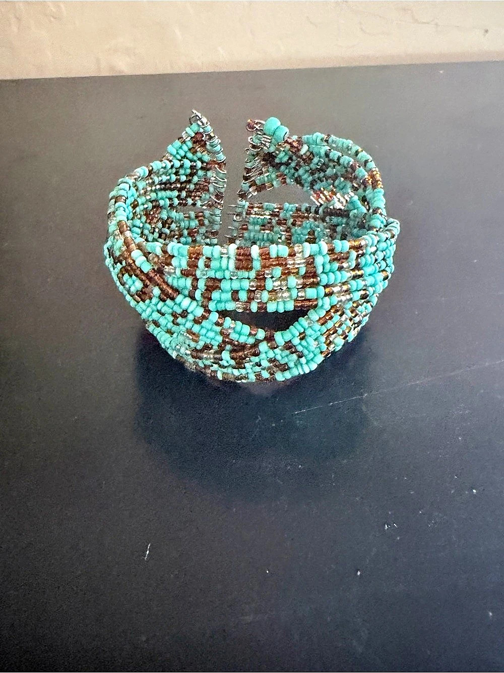 Vintage Twisted Cuff Turquoise & Brown Seed Beaded Bracelet Boho